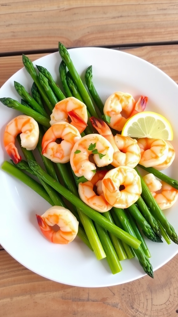 A healthy meal of shrimp and asparagus on a white plate, garnished with parsley and lemon.